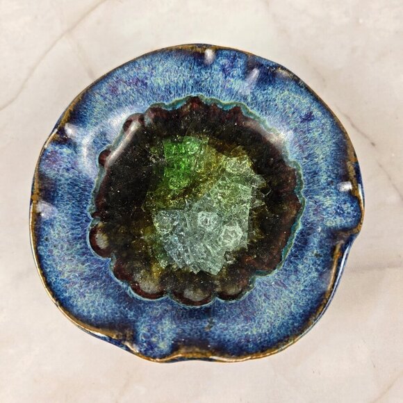 Vintage Small Studio Art Pottery Trinket Dish/Ashtray Blue Glaze Fused Glass - Picture 1 of 7